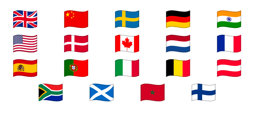 UK, China, Sweden, Germany, India, USA, Denmark and more 
